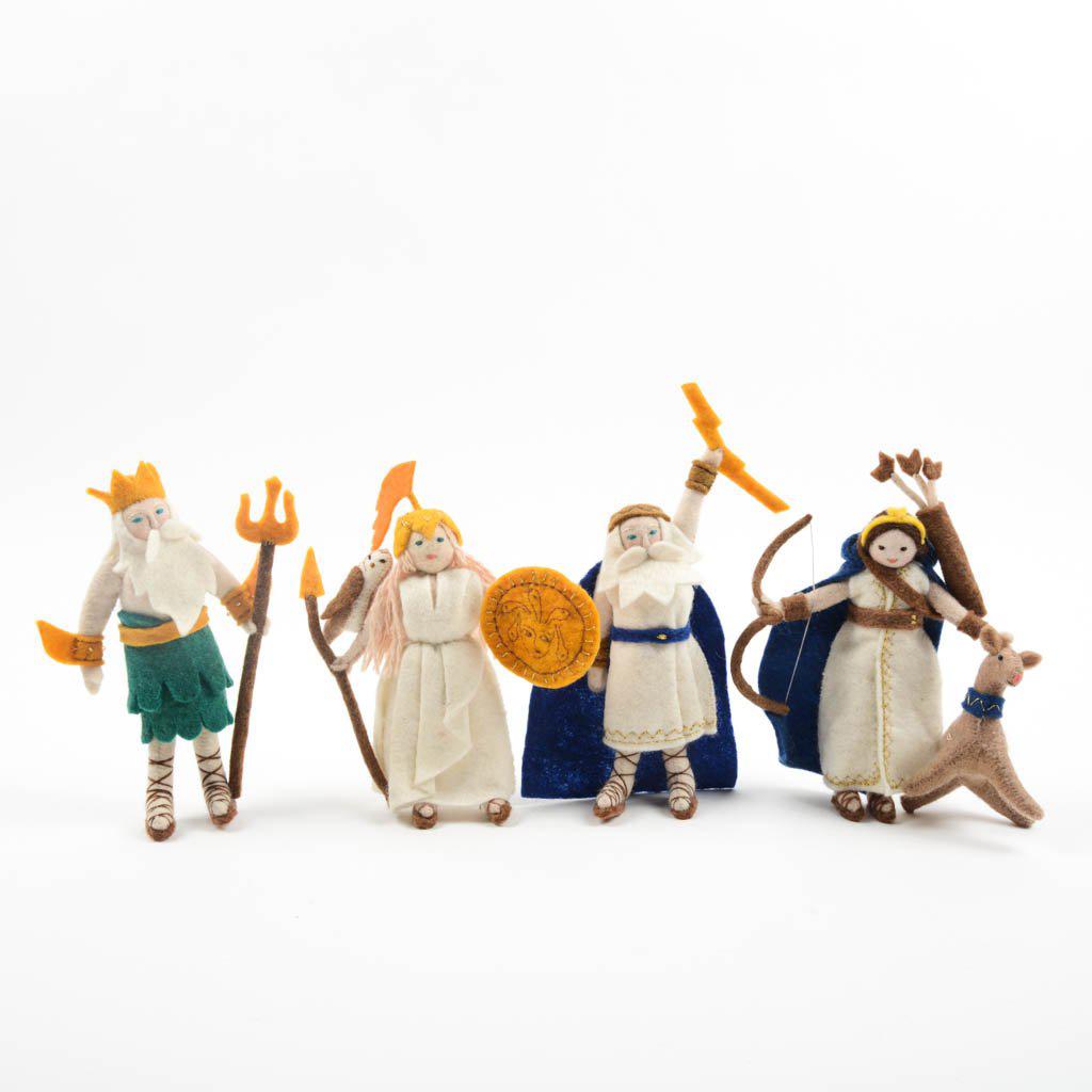 Athena and owl felt ornament – Greek mythology-inspired holiday decor, handcrafted with fine embroidery from sustainable wool.