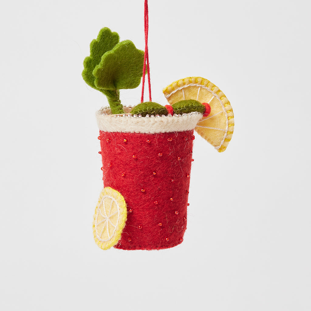 Hand Felted Red Bloody Mary with Celery Olives and Lemon Ornament