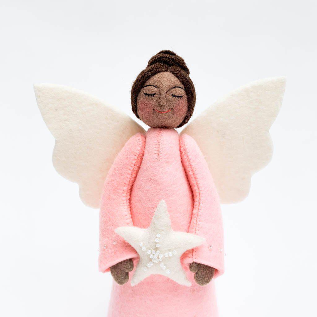 Touch of Pink Star Angel Tree Topper - Brown