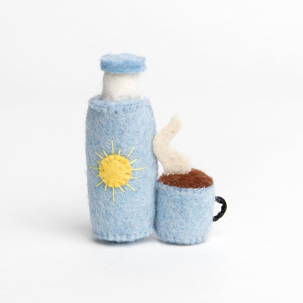 A Craftspring handmade felt blue thermos and mug ornament 