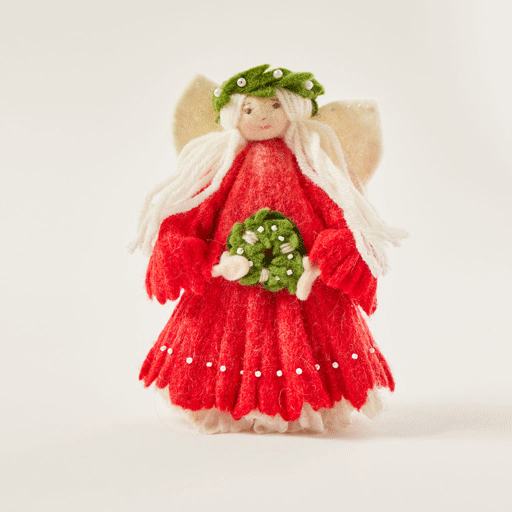 Hand Felted Red Christmas Spirit Angel with Wreath Mini Tree Topper