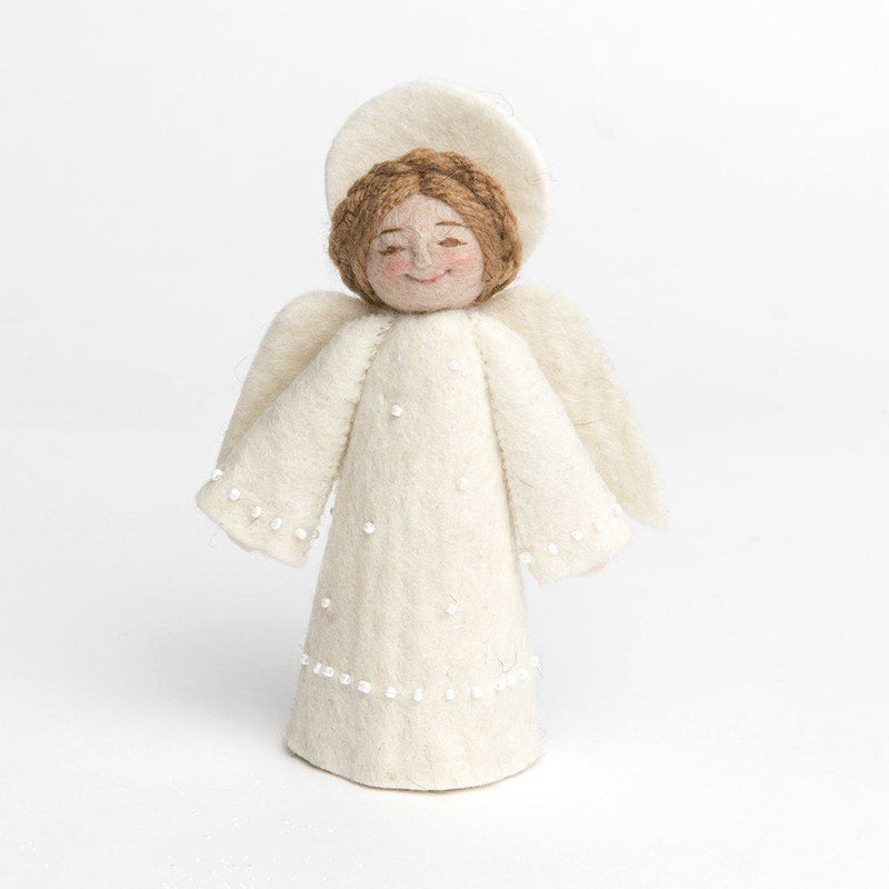 A Craftspring handmade felt angel ornament wearing a white beaded dress with a white halo and white wings