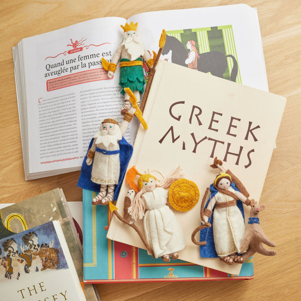 Athena and owl felt ornament – Greek mythology-inspired holiday decor, handcrafted with fine embroidery from sustainable wool.