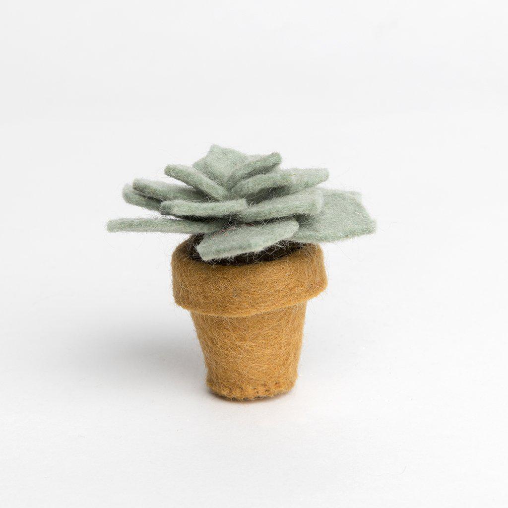 A Craftspring handmade felt desert rose succulent ornament in a tiny felt pot