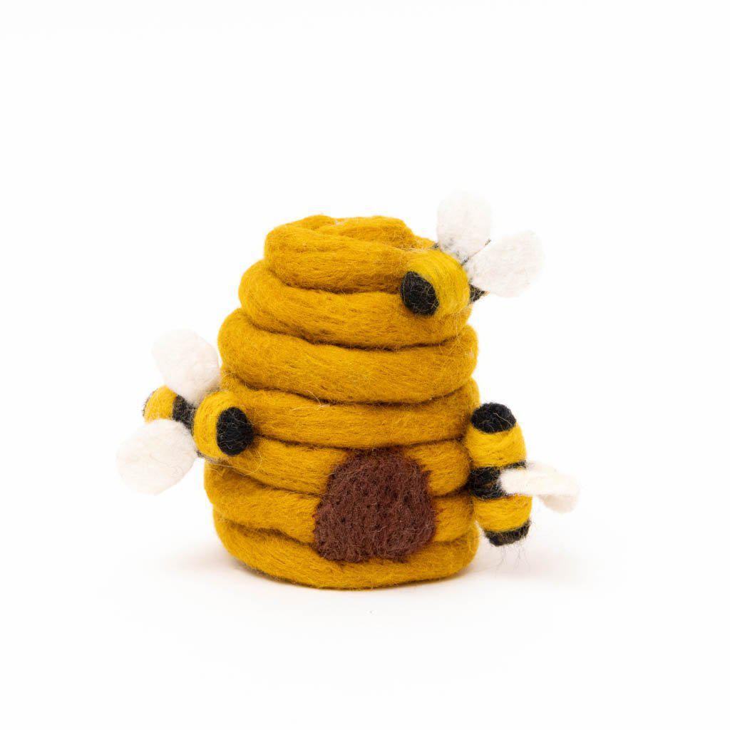 Felted beehive ornament with sunflower detail – eco-friendly and handmade
