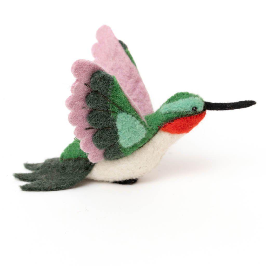 Colorful handmade felt hummingbird ornament with outstretched wings