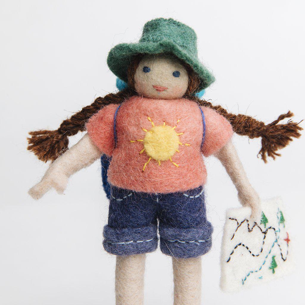A Craftspring handmade felt Backpacker ornament with long braided pigtails a backpacker backpack and holding a map