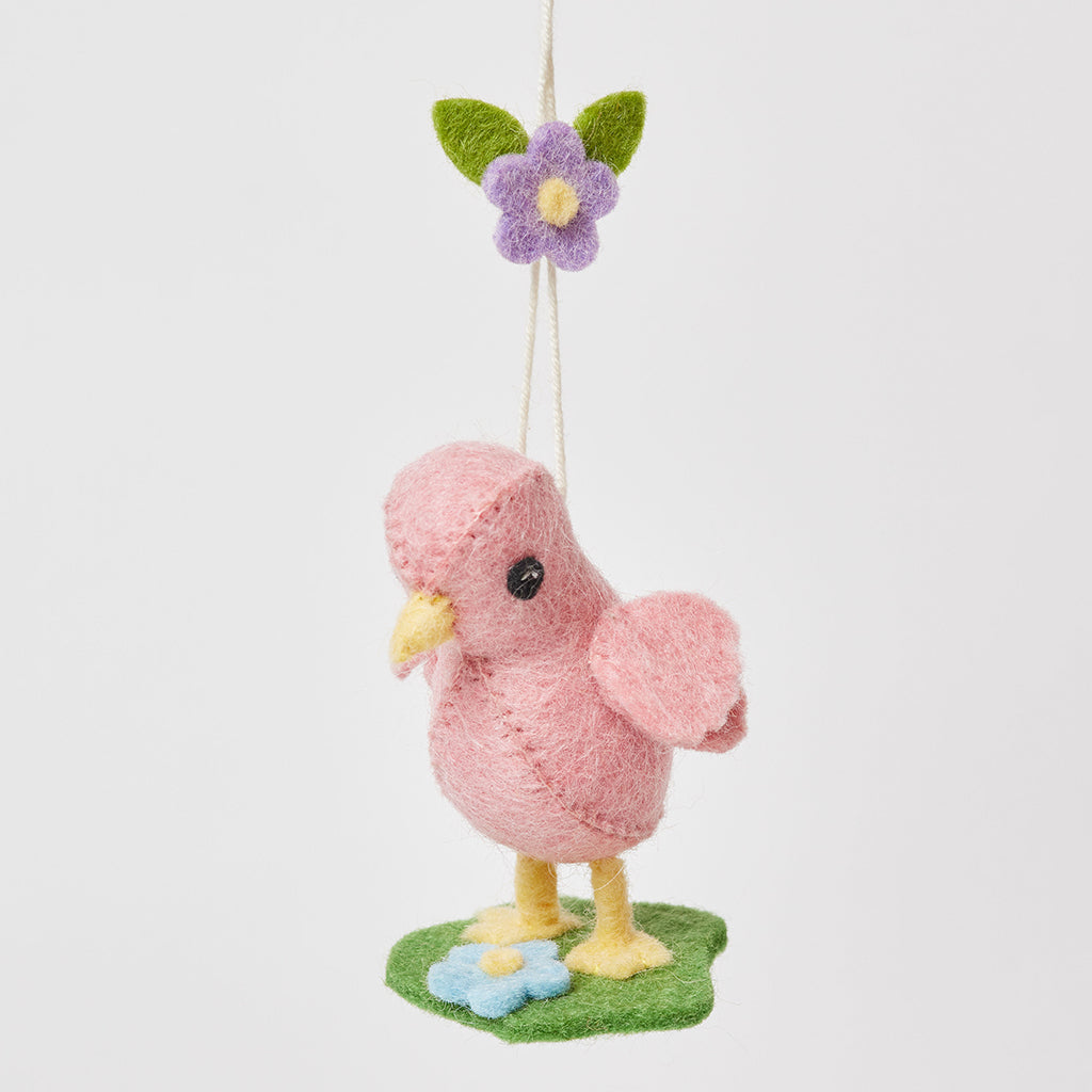Pink Spring Chick Ornament with Grass & Flowers