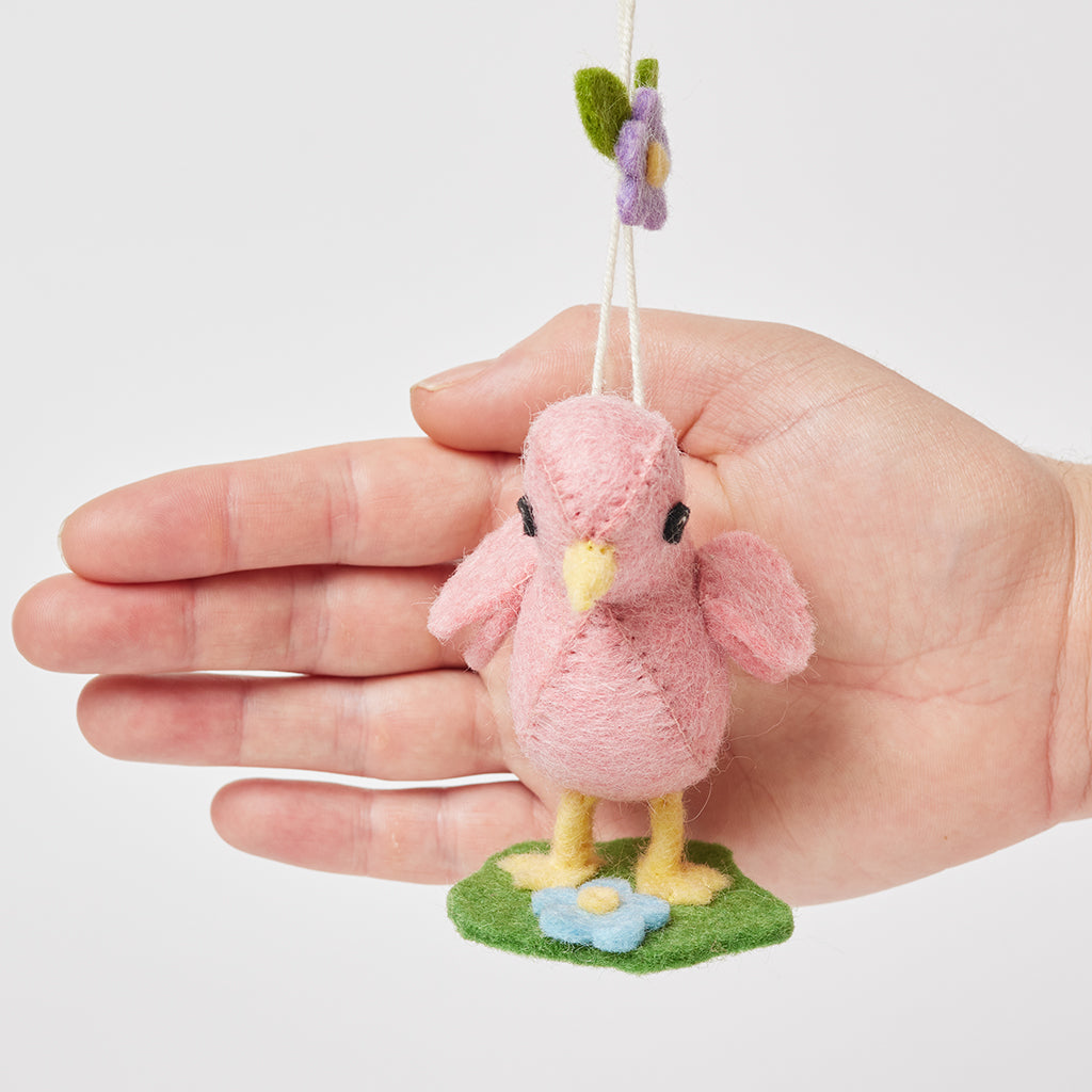 Pink Spring Chick Ornament with Grass & Flowers