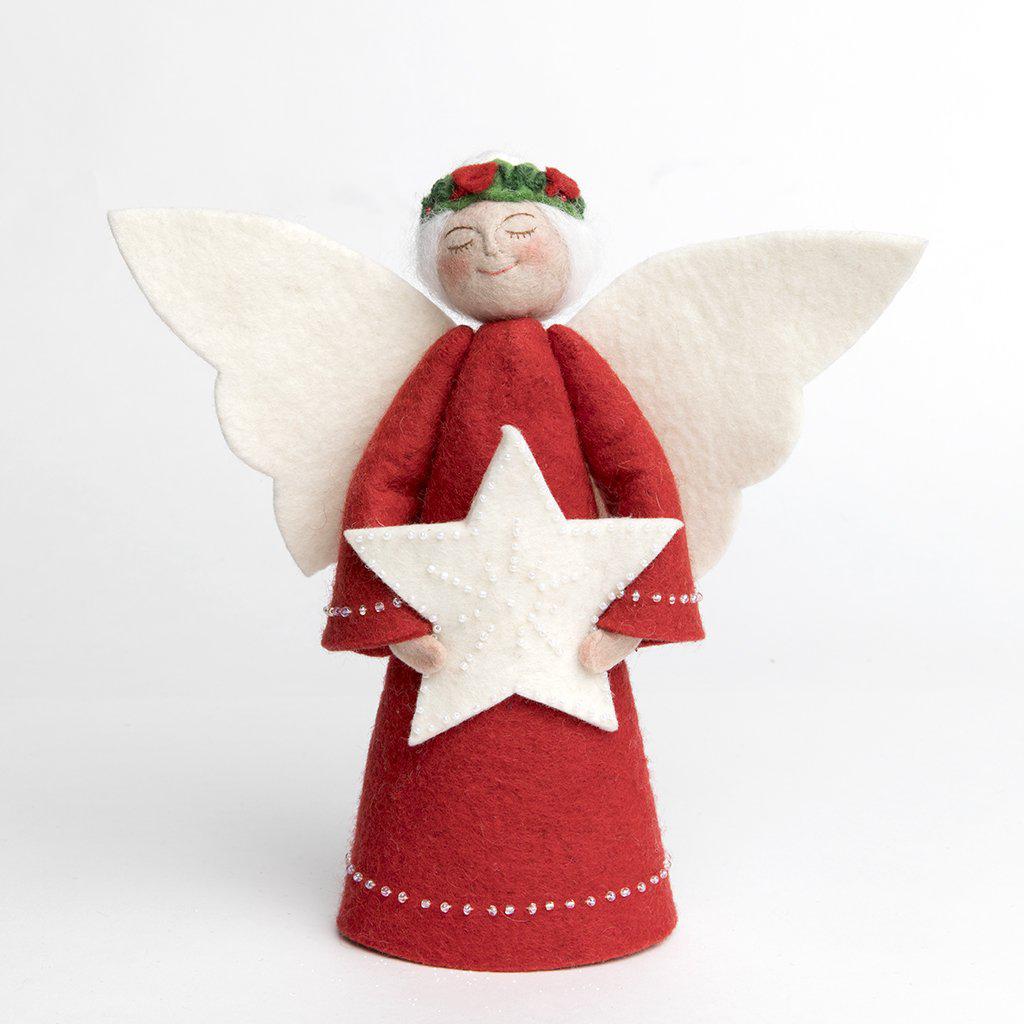 A Craftspring handmade felt angel tree topper wearing a crown of holly with her white hair in a bun, a red gown with white beading and holding a beaded white star