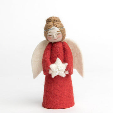 A Craftspring handmade felt angel ornament wearing her brown hair in a bun, a silver circlet, red robes and holding a white beaded star