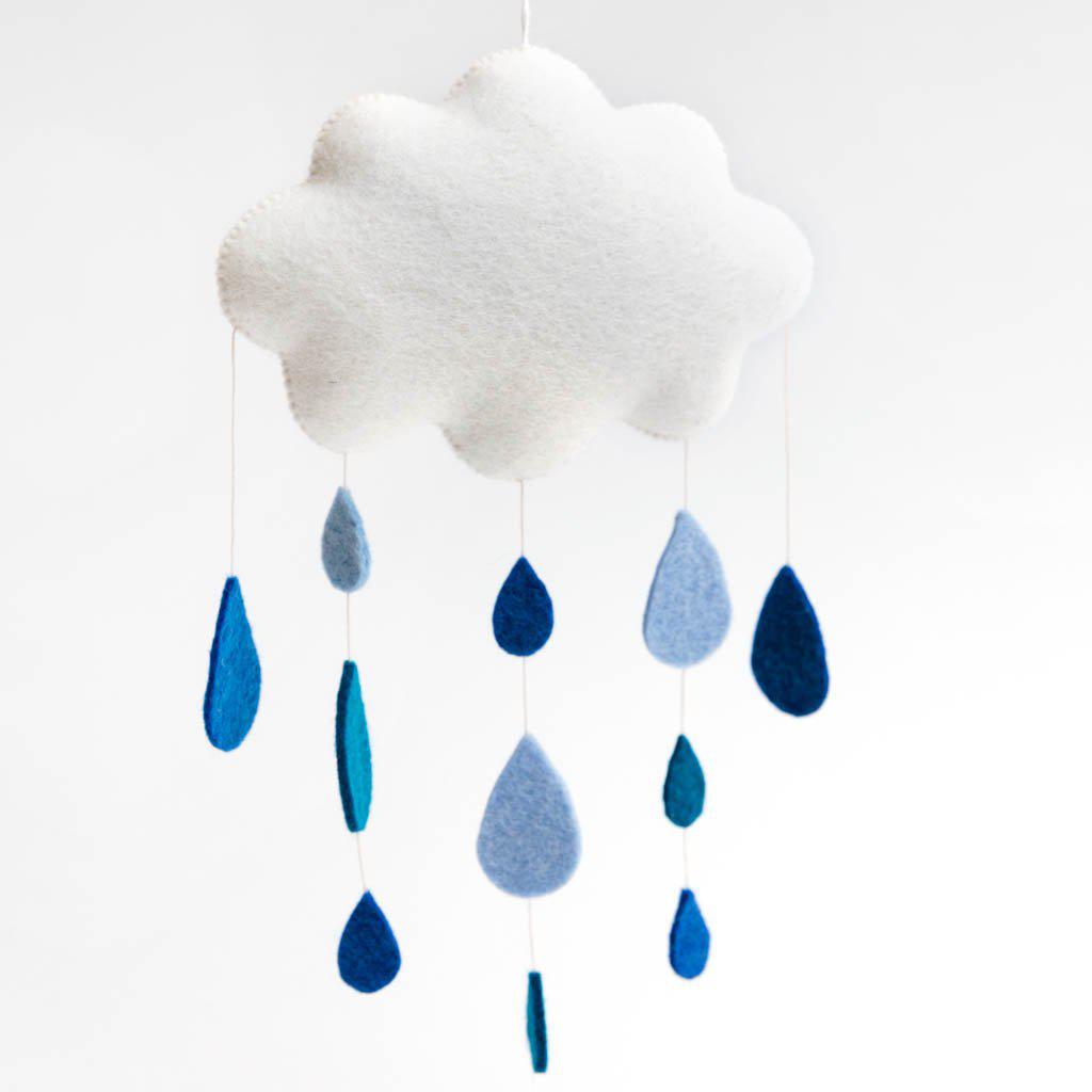 Felted wool cloud ornament featuring green buds and raindrops, capturing the gentle beauty of a rainy spring day.