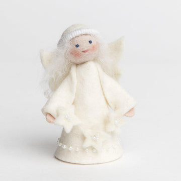 A Craftspring handmade felt starlight angel ornament with long white hair wearing a white dress and holding a string of white stars
