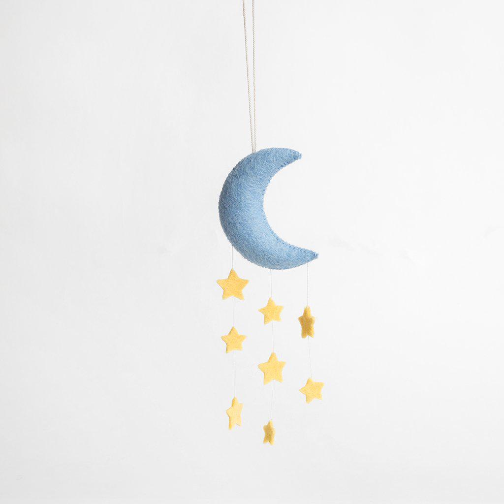 Hand Felted Blue Stardust Moon With Yellow Stars Ornament – Craftspring