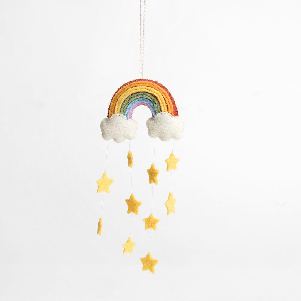 A Craftspring handmade felt twinkle star rainbow ornament with strings of hanging yellow stars