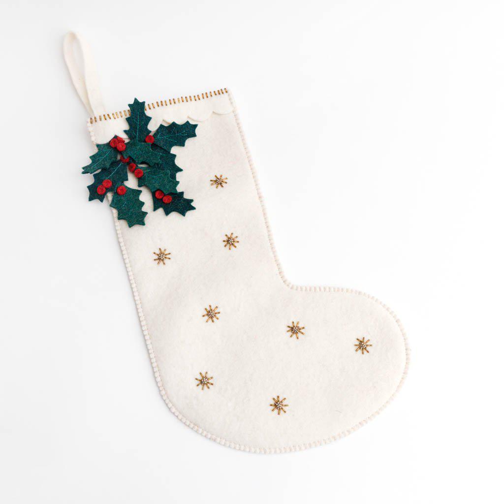 White Festive Holly Stocking