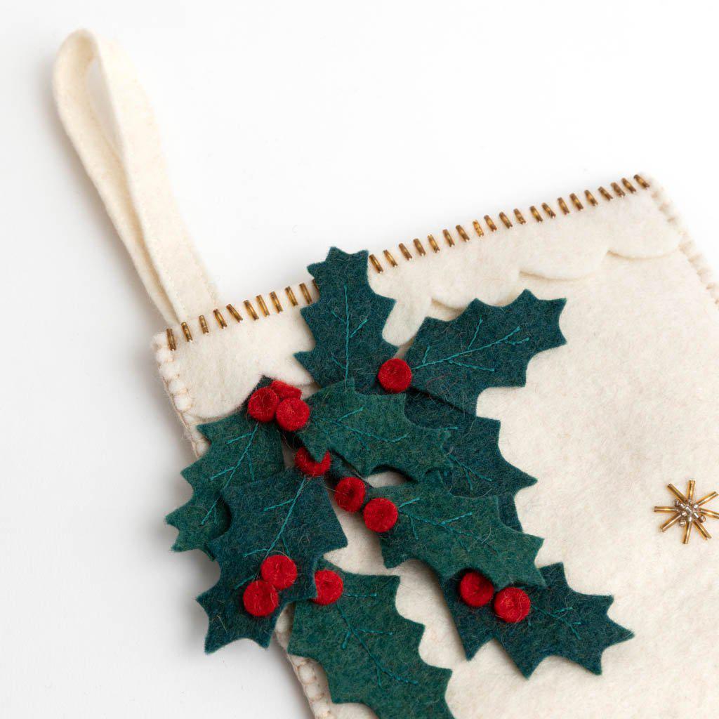 White Festive Holly Stocking