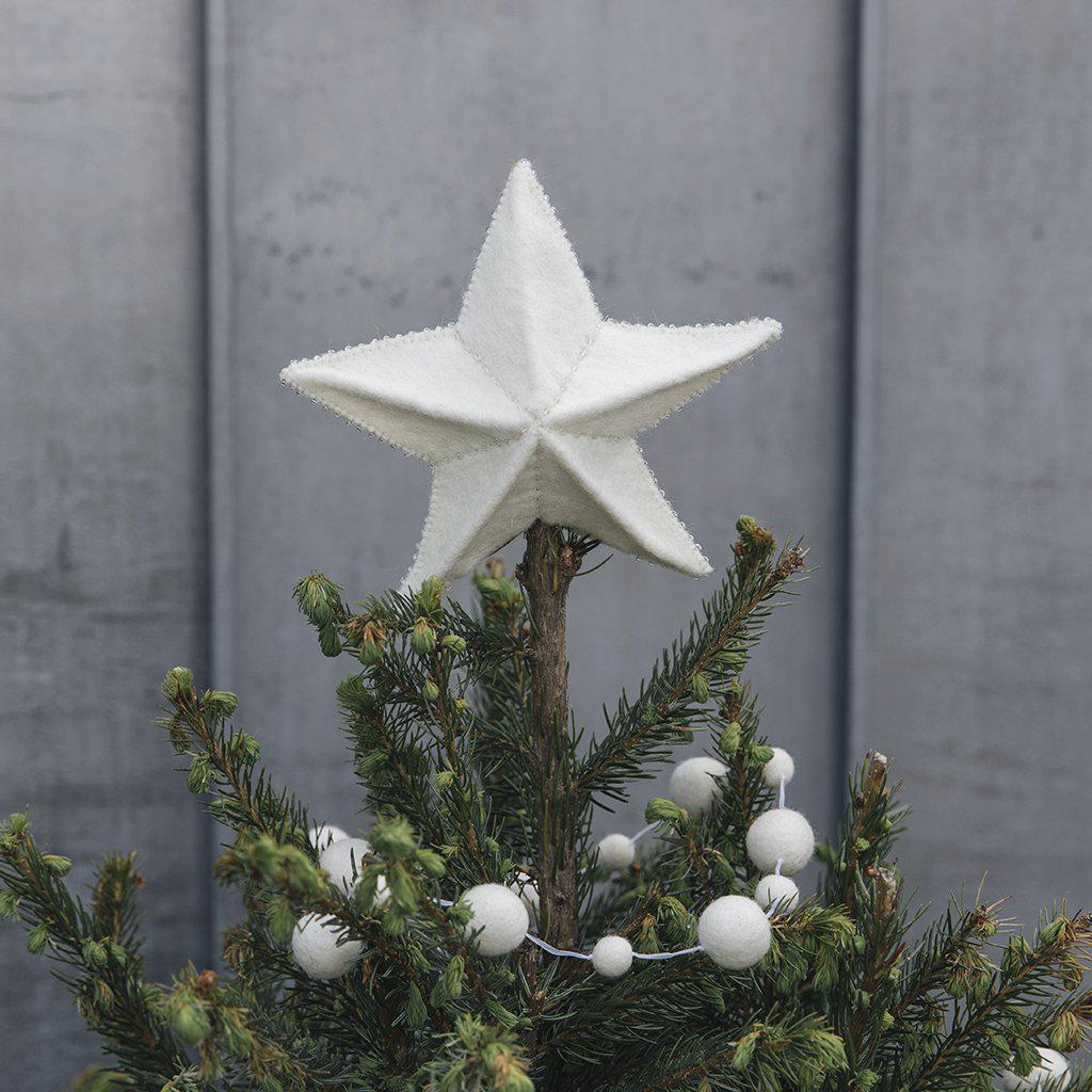 Craftspring handmade felt star tree topper in white with white bead details