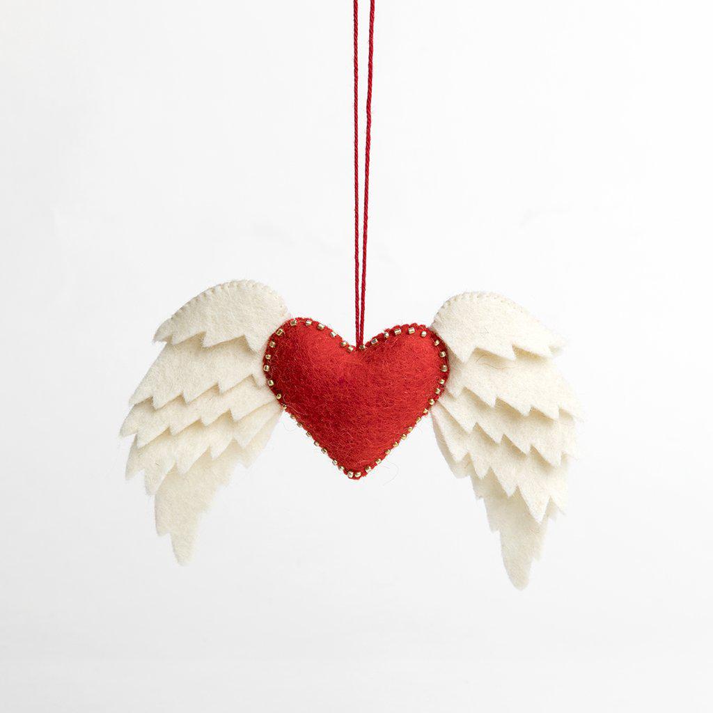 Craftspring handmade felt ornament red heart with bordering beads and layered white wings on both sides