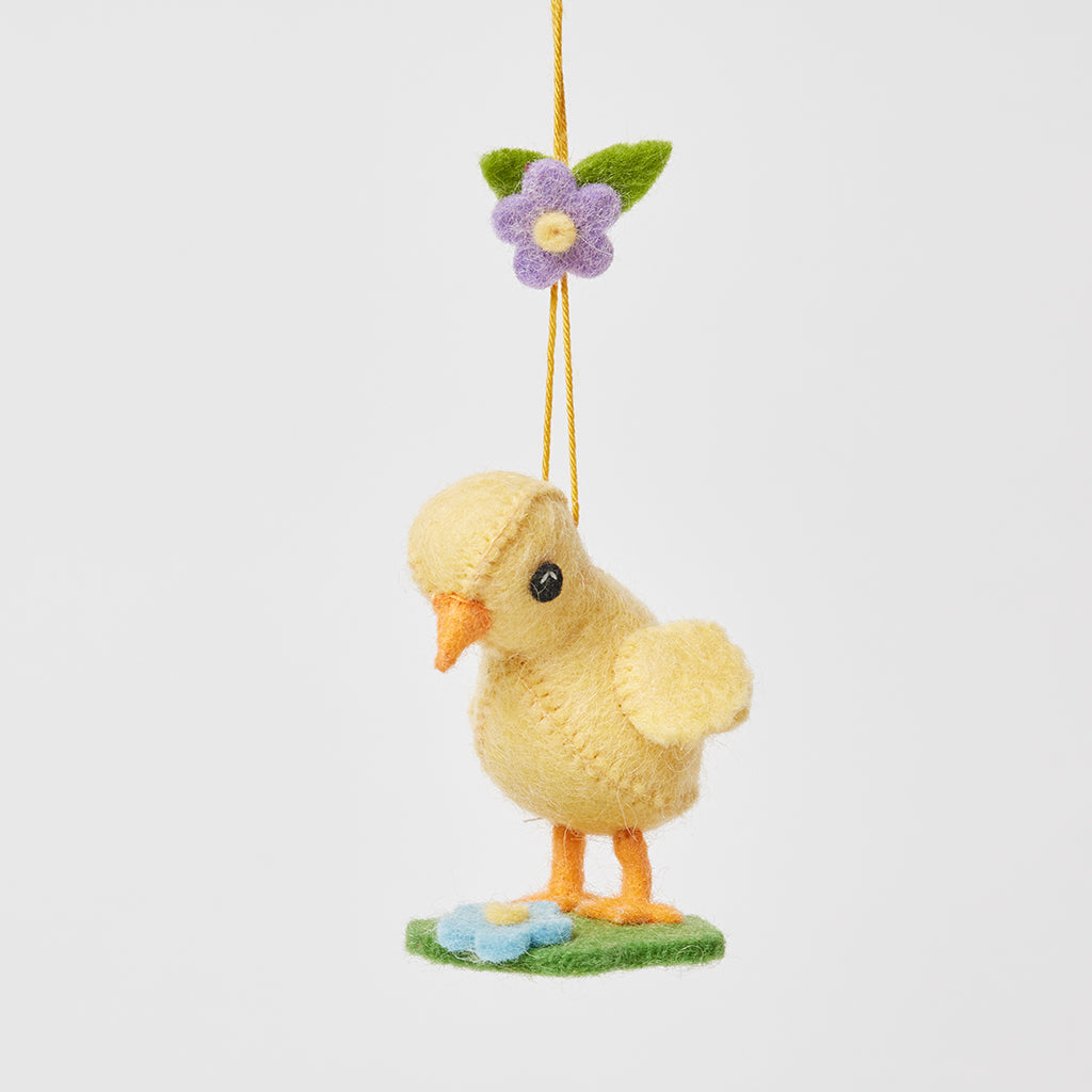 Yellow Spring Chick Ornament with Grass & Flowers
