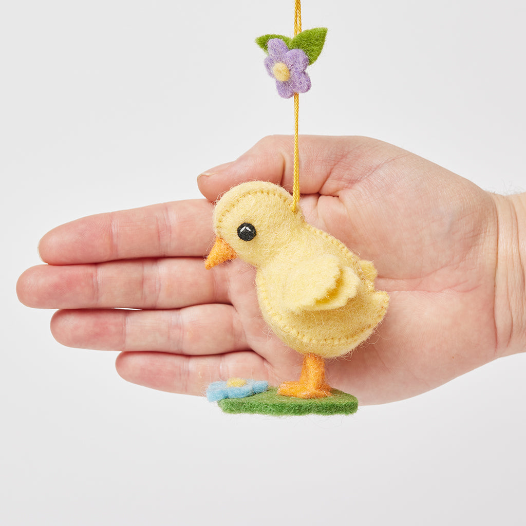 Yellow Spring Chick Ornament with Grass & Flowers