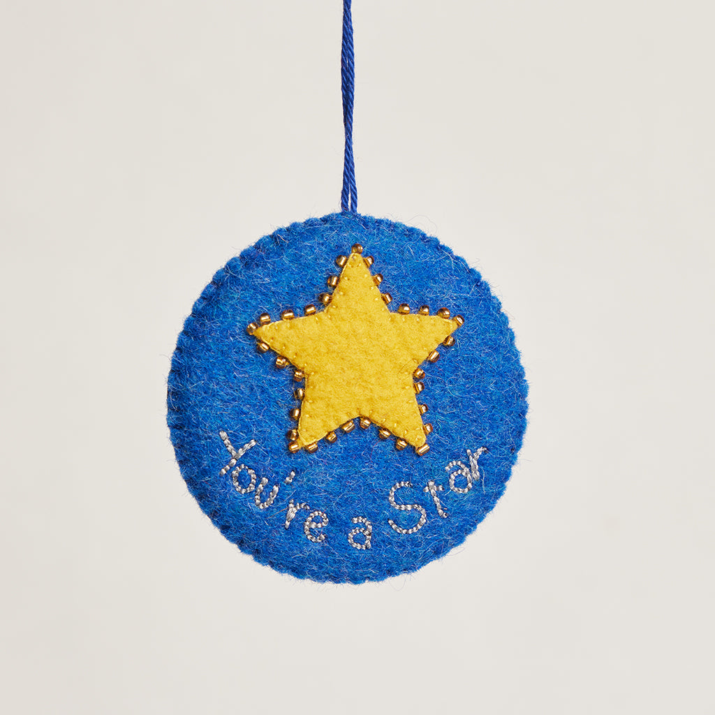 Hand Felted Blue Stardust Moon With Yellow Stars Ornament – Craftspring