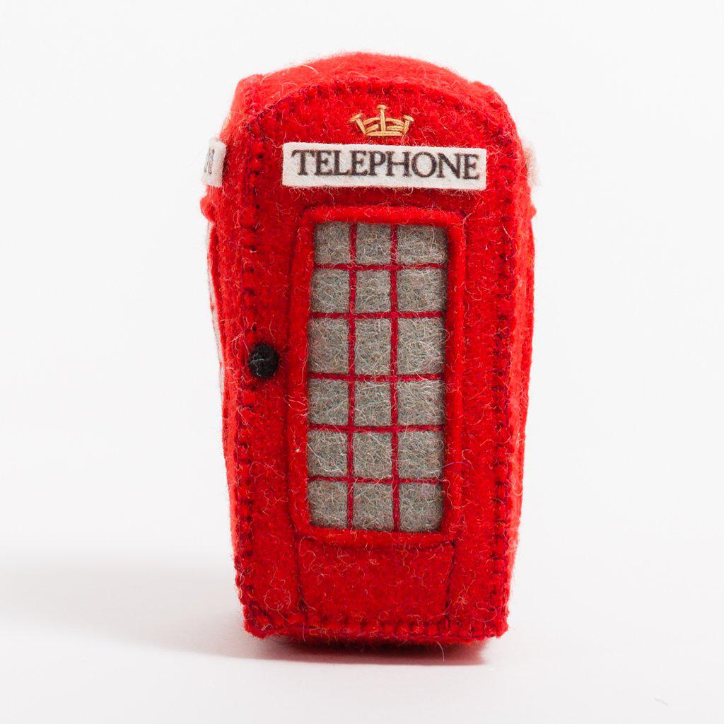 Red London phone booth felt ornament inspired by classic British telephone boxes. Handmade wool Christmas ornament for Anglophiles and travel lovers. Fair trade and ready to hang.