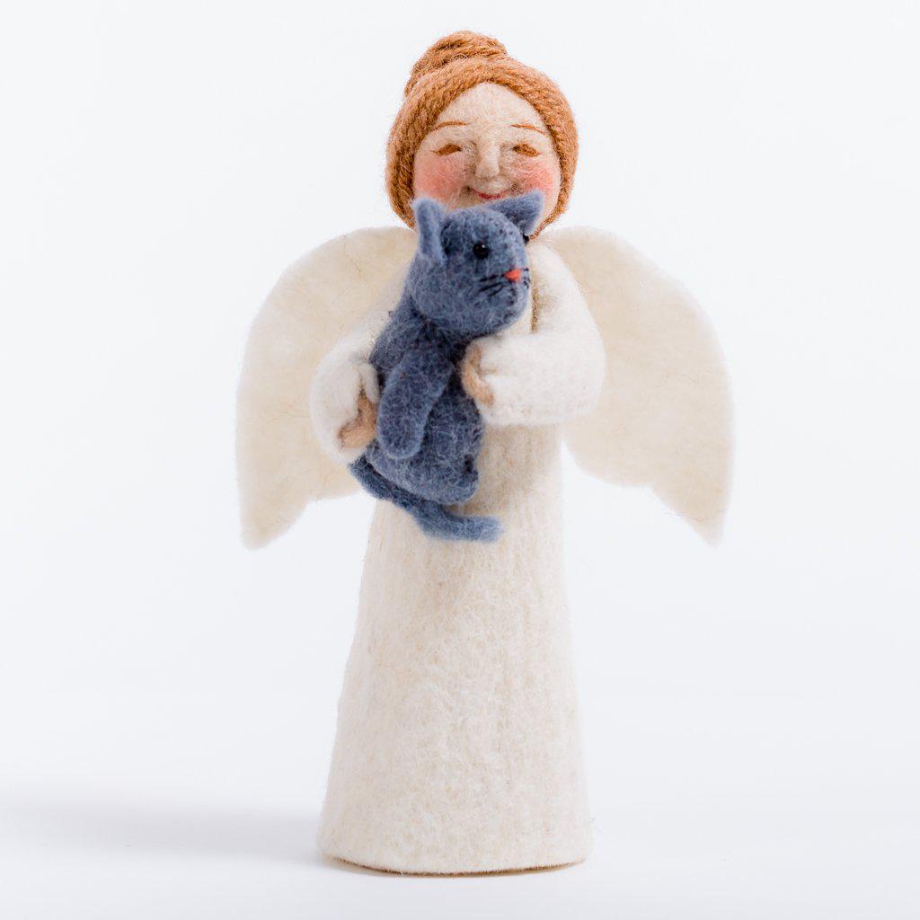 A Craftspring handmade angel ornament with a brown bun holding a grey kitty