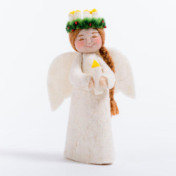 Craftspring handmade angel ornament with long brown braided hair wearing crown of lights and holding a candle