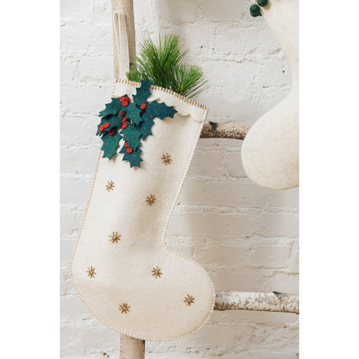 White Festive Holly Stocking